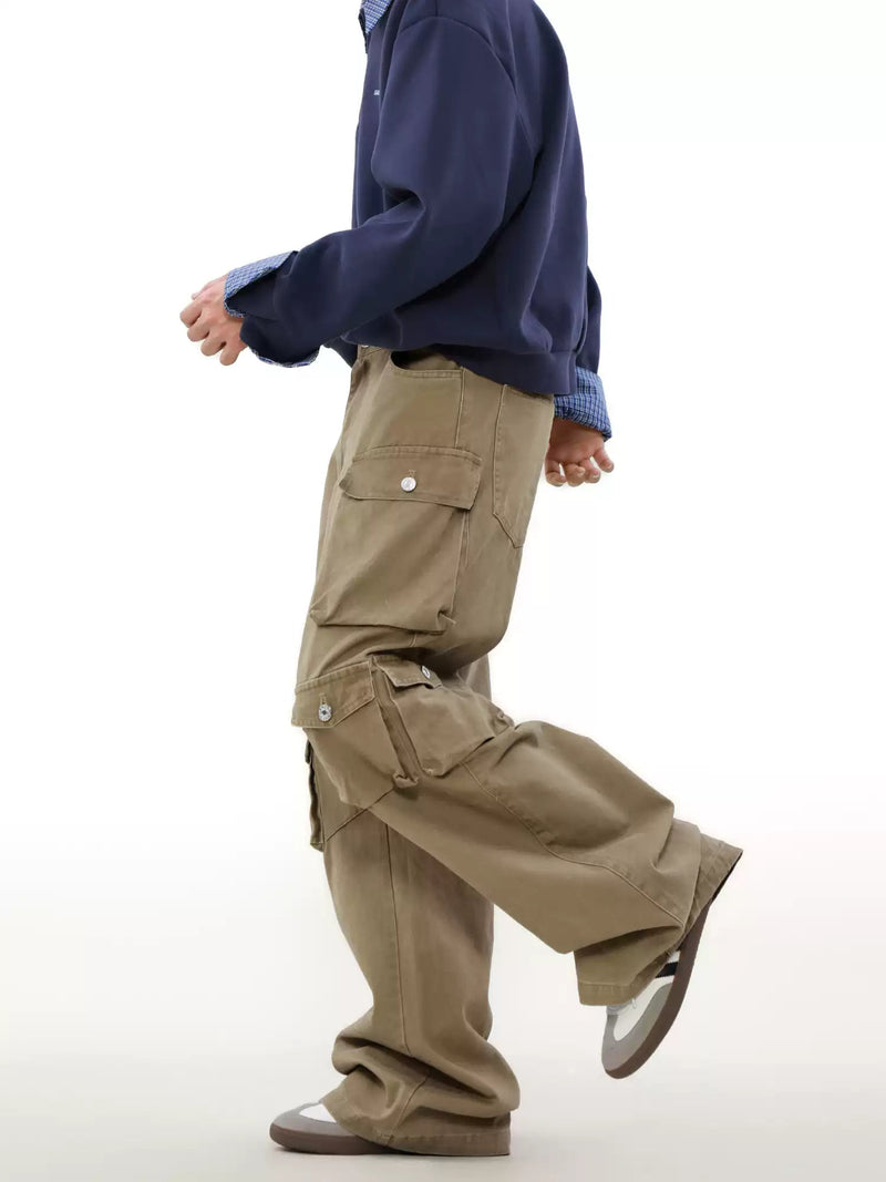Multiple Utility Pockets Khaki Wide-leg Cargo Pants