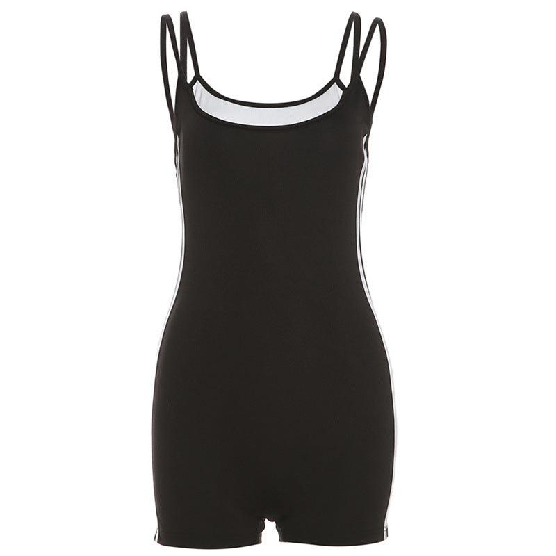 Summer Slim Low Cut Backless Faux Two Piece Suspender Hip Sports Jumpsuit for