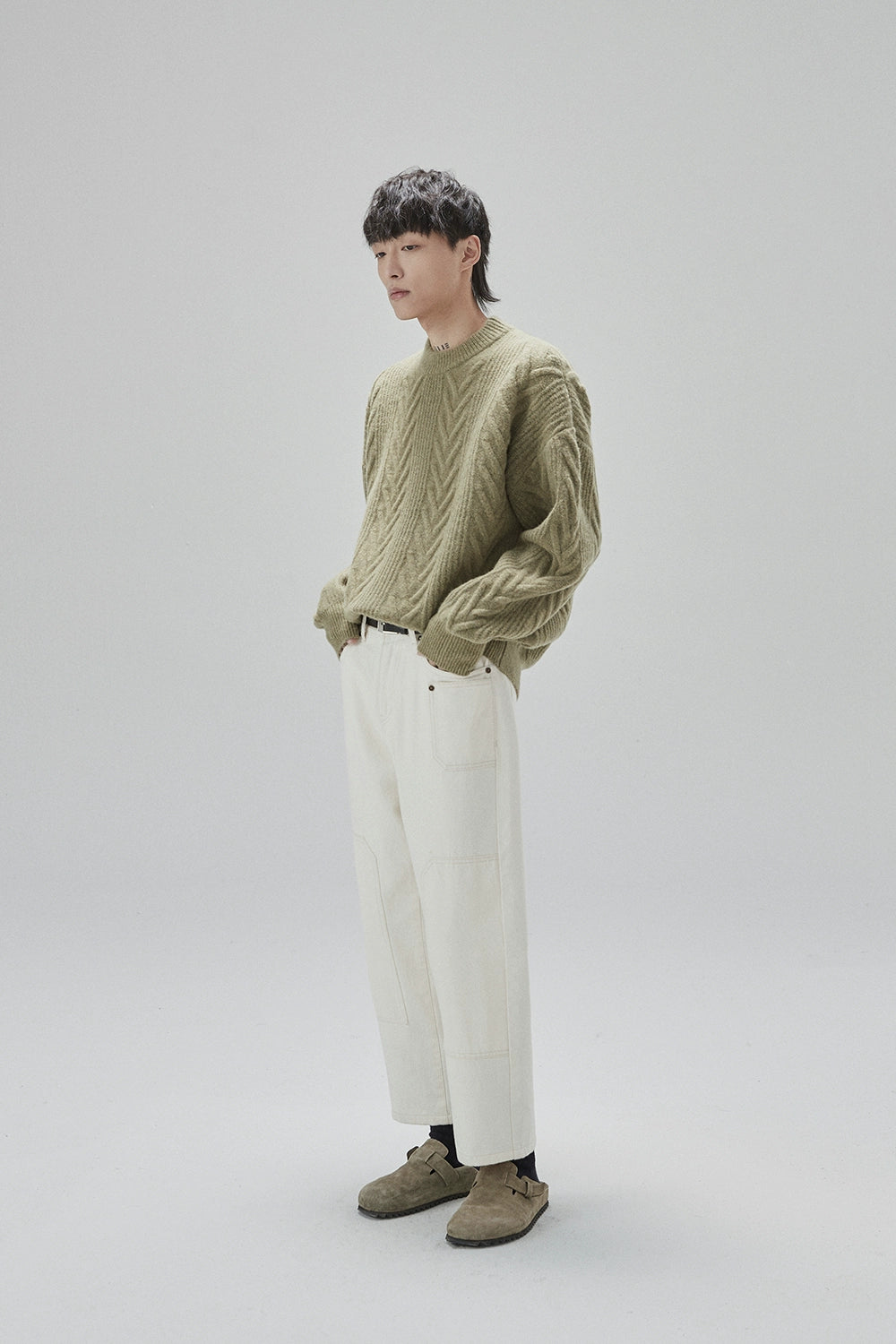 Cream Cable Knit Sweater With Chevron Pattern