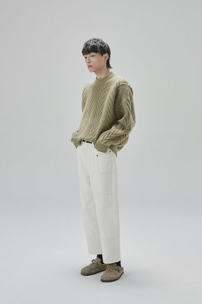 Cream Cable Knit Sweater With Chevron Pattern