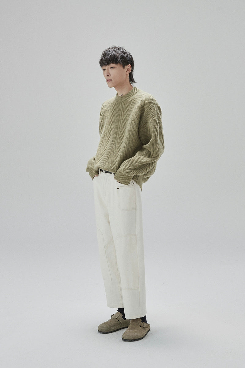 Cream Cable Knit Sweater With Chevron Pattern