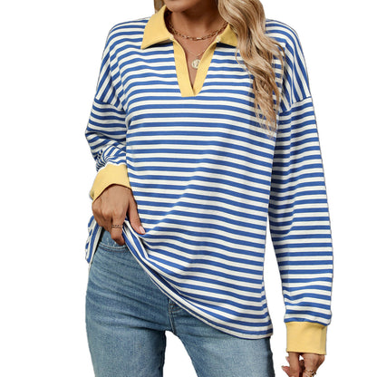 Autumn Winter Contrast Color Lapels Loose Long Sleeve Striped Sweater for