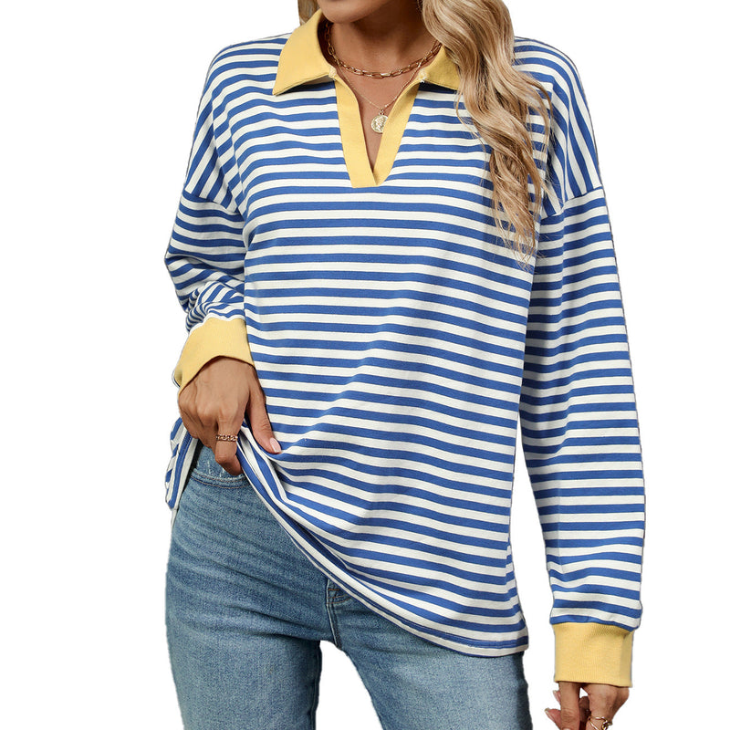 Autumn Winter Contrast Color Lapels Loose Long Sleeve Striped Sweater for