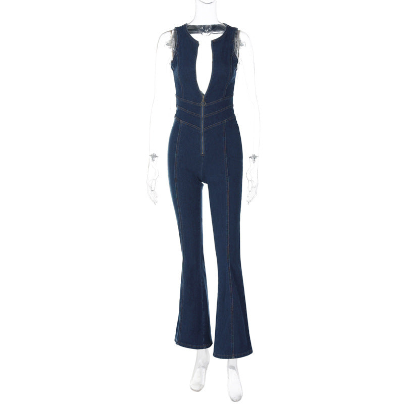 Clothing Summer Slim Fit Slimming Fashionable Backless Retro High Waist Denim Jumpsuit
