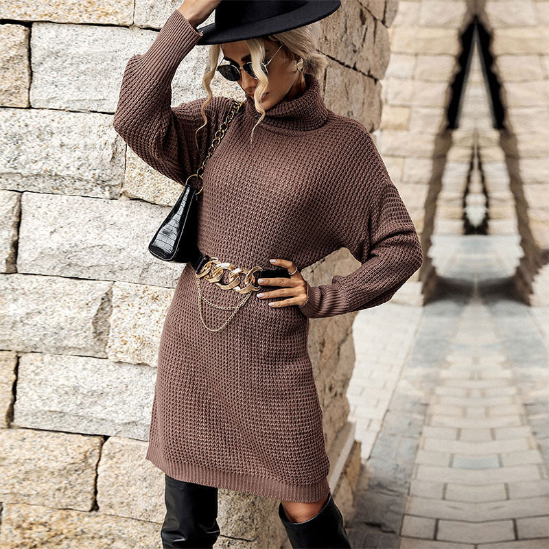 Long Sleeve Color High Collar Sweater Dress Autumn Winter