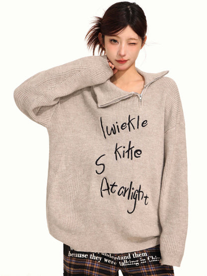 Retro Turndown Collar Half-zip Sweater