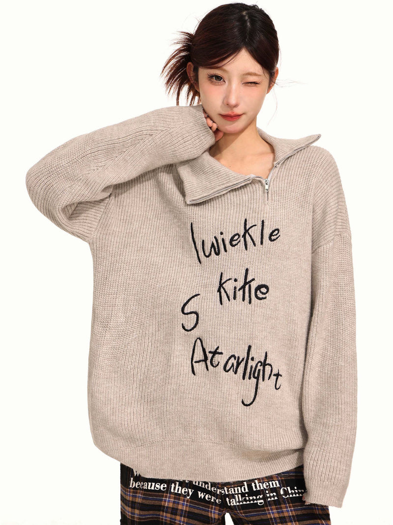 Retro Turndown Collar Half-zip Sweater