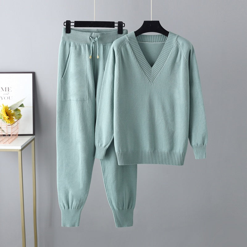 Autumn Winter Sweater Harem Pants Suit Russian Sweater Pullover Two Piece Set