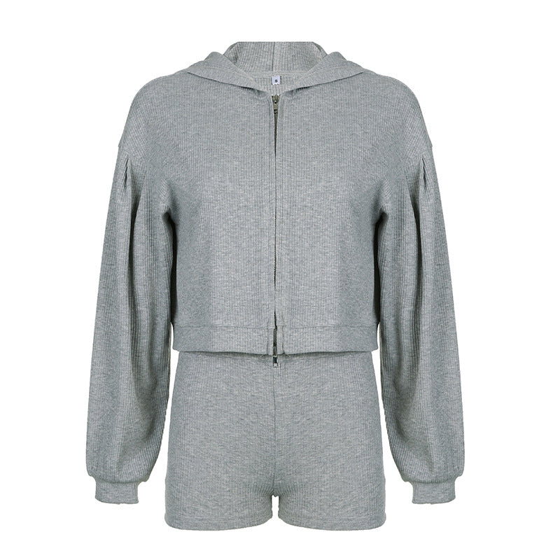 Sports Basic Color Hooded Loose Zip Coat Vest Shorts Three Piece Set