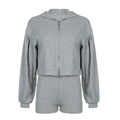 Sports Basic Color Hooded Loose Zip Coat Vest Shorts Three Piece Set