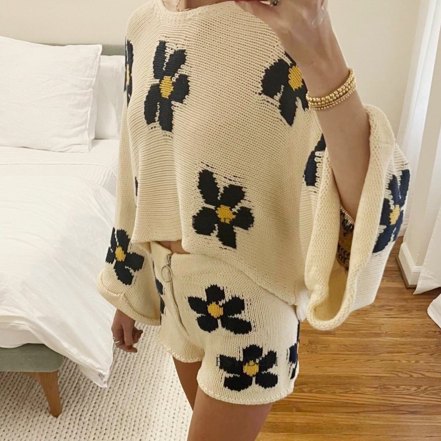 Clothing Print Long Sleeved Woolen Shorts Home Wear Two Piece