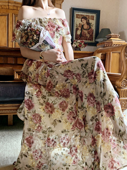 French Court-style Maxi Dress Ruffled Off-shoulder Chiffon Dream Gunne Sax Dress