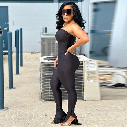 Clothing Off Neck Stitching High Elastic Slit Slim Fitting Jumpsuit
