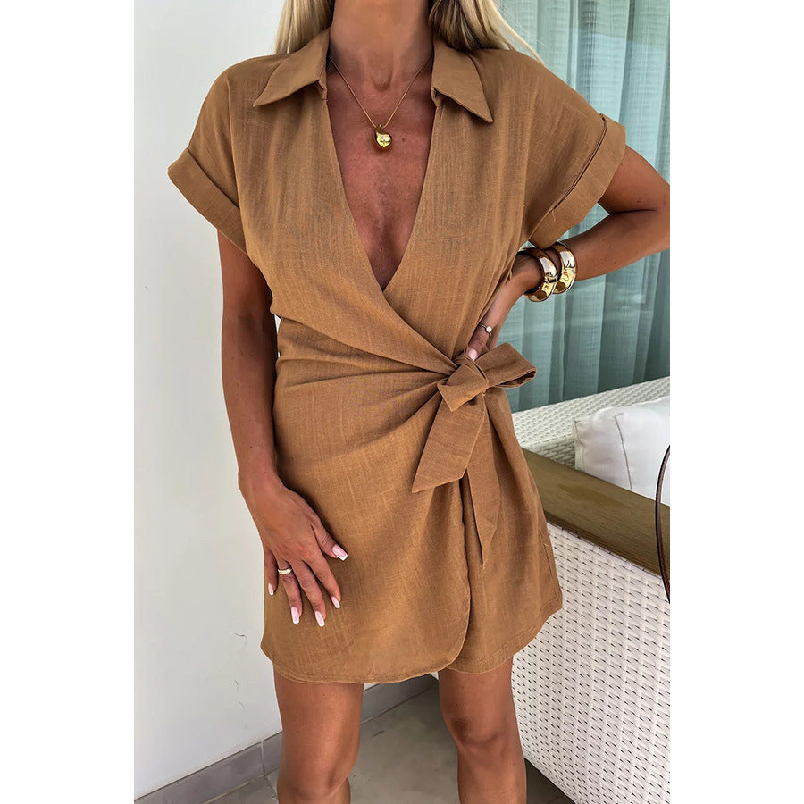 Spring Summer Lace Up Turn Down Collar Jumpsuit Loose Vacation Jumpsuit