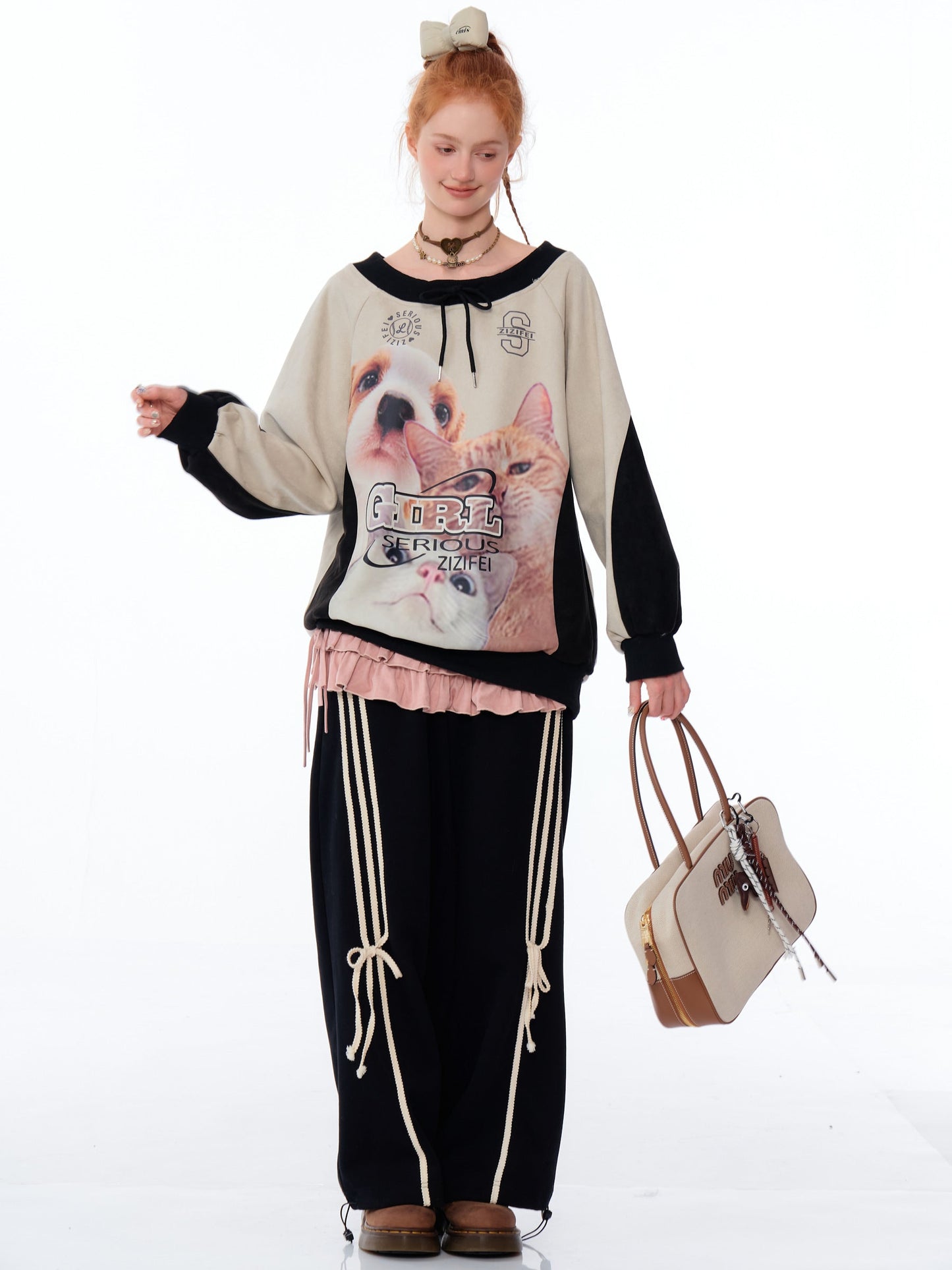 Cat and Dog Print Two-tone Sweatshirt