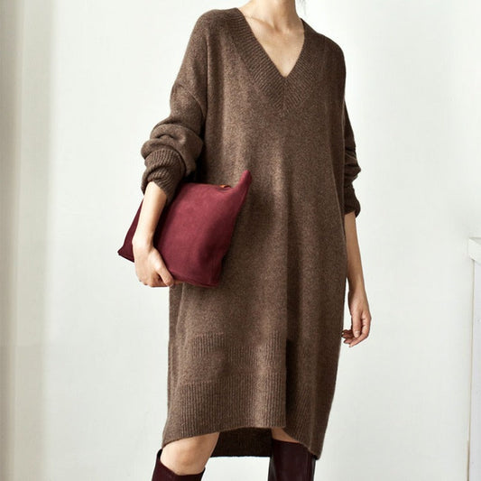 Autumn Winter Korean V Neck Sweater Mid Length Loose Sweater Pullover Thick Dress
