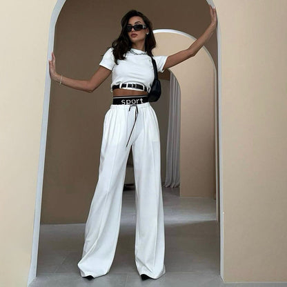 Short Sleeve Clothing High Grade Spring Cropped Belt Decorative Small Top Double Waist Sweatpants Two Piece Set