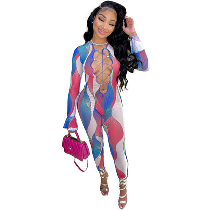 Slim Hollow Out Cutout Printed Lace Up Ruffle Sleeve Jumpsuit Crisscross