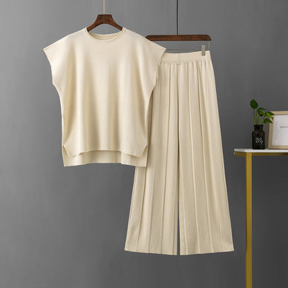 Summer Color Sleeveless Vest Sweater Wide Leg Pants Ice Silk Sets