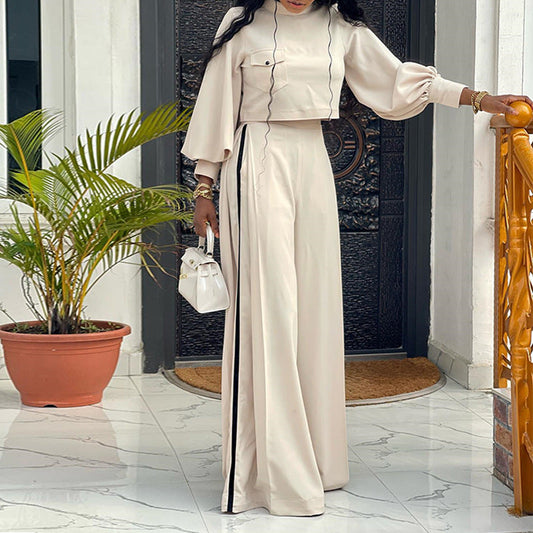 Clothing Spring Loose Mock Neck Long Sleeve Top Wide Leg Pants Suit
