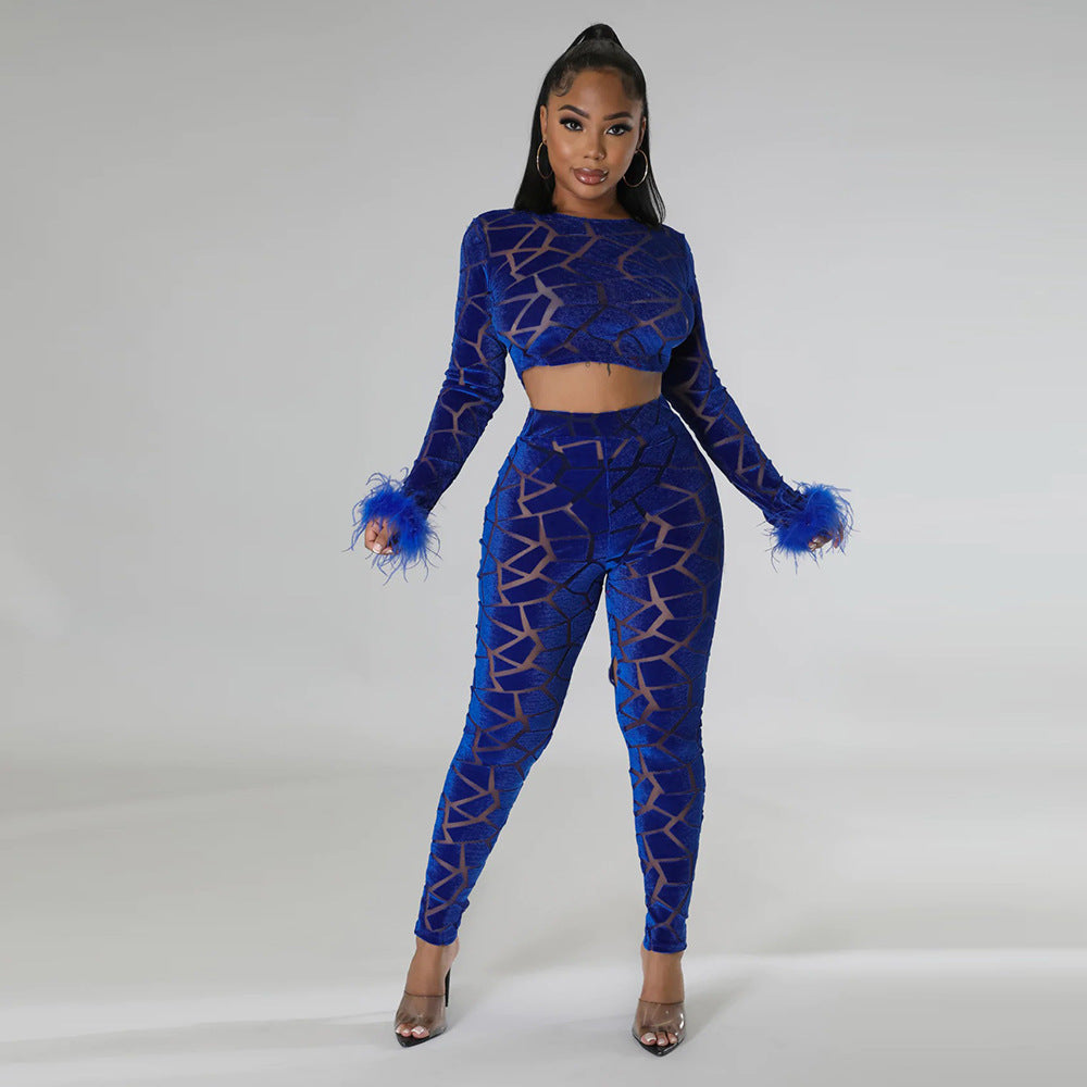 Long Sleeve Short Top Match Slim Fit Pencil Pants Two Piece Set