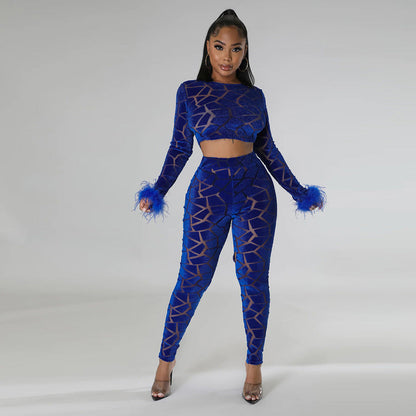 Long Sleeve Short Top Match Slim Fit Pencil Pants Two Piece Set