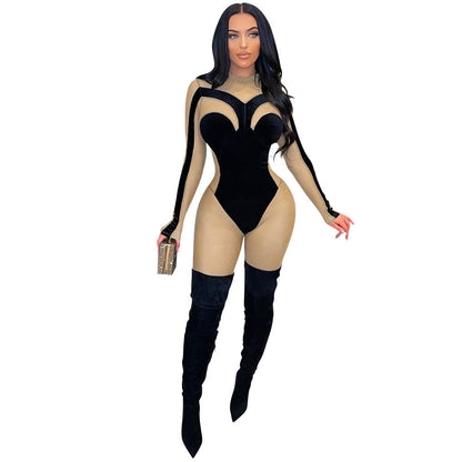 See-through Velvet Tight Slimming Sheath Jumpsuit