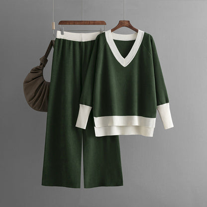 Set Autumn Winter V Neck Contrast Color Knitwear Loose Wide Leg Pants Two Piece Set