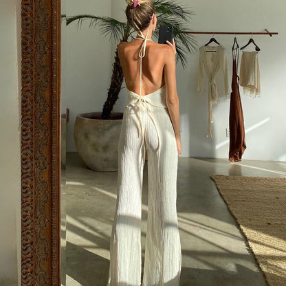 New Backless Spaghetti Straps Vest Beige Pleated Slim Fit Slit Blouse Pants
