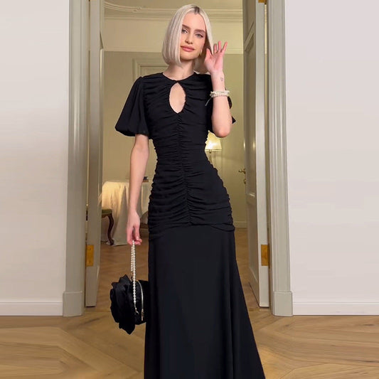 Clothing Summer French Round Neck Short Sleeve Pleated Waist Tight Slimming Maxi Dress