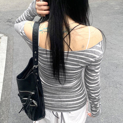 Off Shoulder Striped Lightweight Slim Fit Long Sleeve Blouse Off Shoulder Simple All Match Slim Fit Shirt