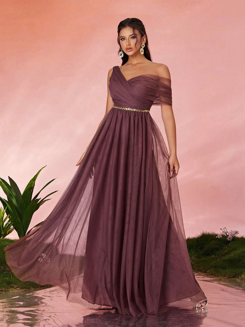Evening Dress Slim Fit Maxi Dress Slimming Shoulder Hollow Out Cutout Annual Meeting Host Formal Dress