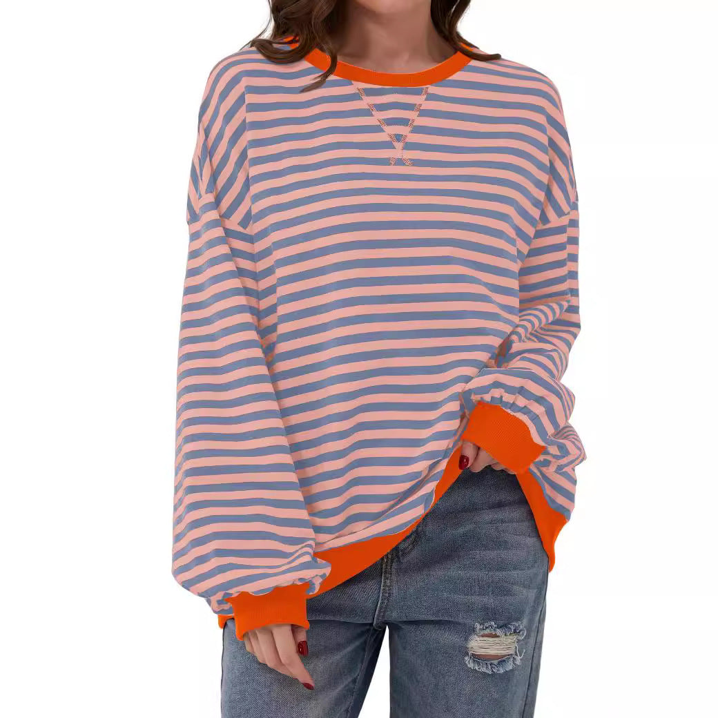 Striped Round Neck Loose Long-sleeved Sweatshirt