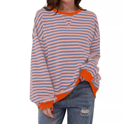 Striped Round Neck Loose Long-sleeved Sweatshirt