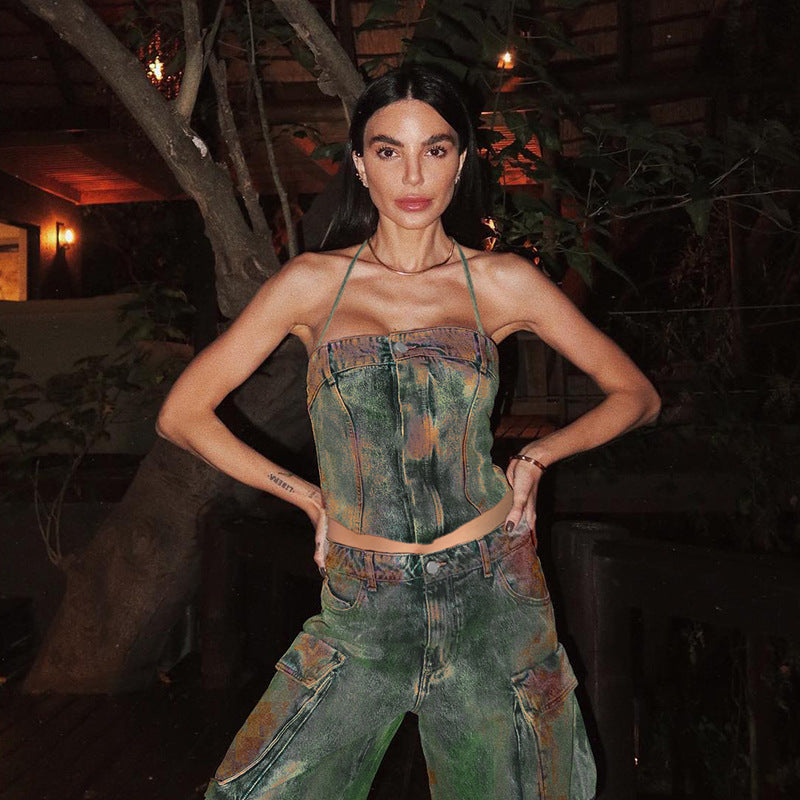 Street Clothing Heavy Industry Wash Gradient Color Halter Lace Up Vest Zipper Off Neck Bandeau Sling Pants Sets
