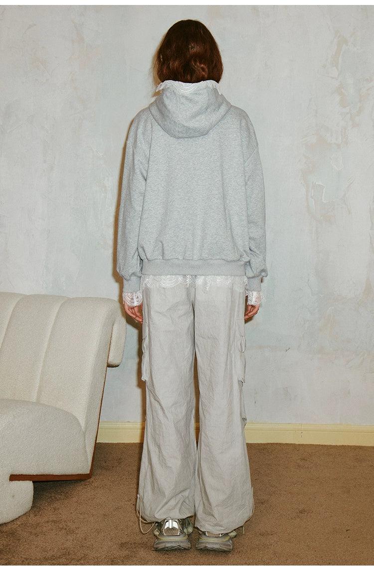 Diddi Moda Bow Print Hoodie - Gray Zip-up Sweatshirt With Lace Trim and Graphic Design