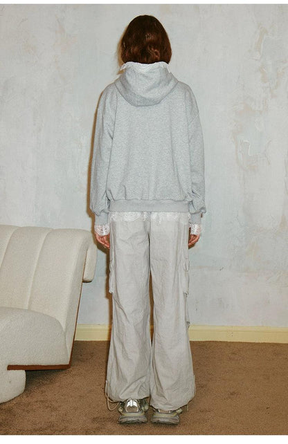 Diddi Moda Bow Print Hoodie - Gray Zip-up Sweatshirt With Lace Trim and Graphic Design