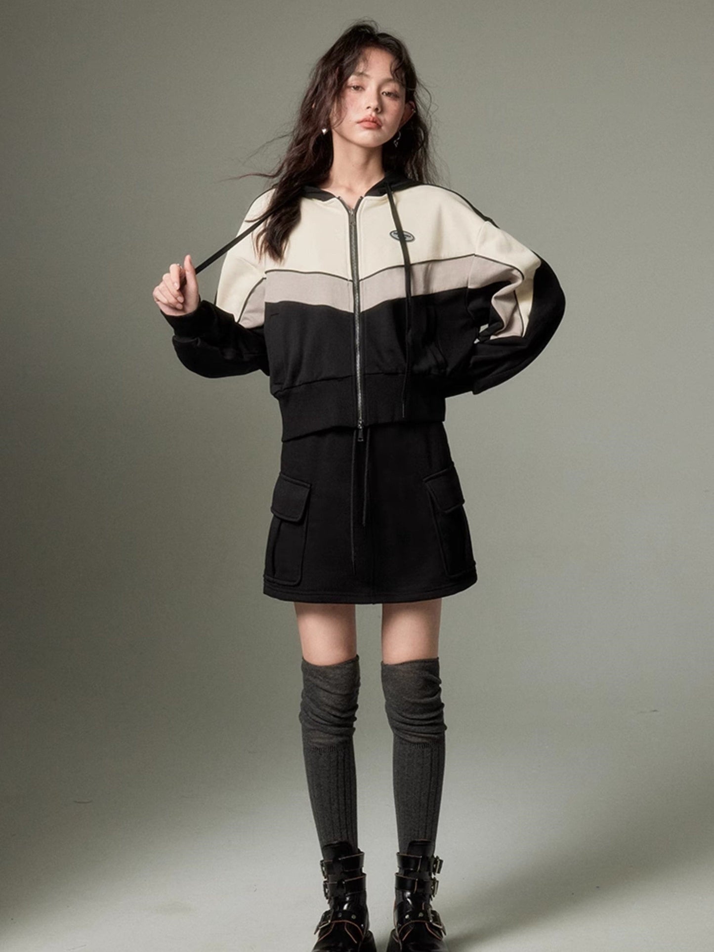 Sporty Zip-up Hoodie & Flared Skirt