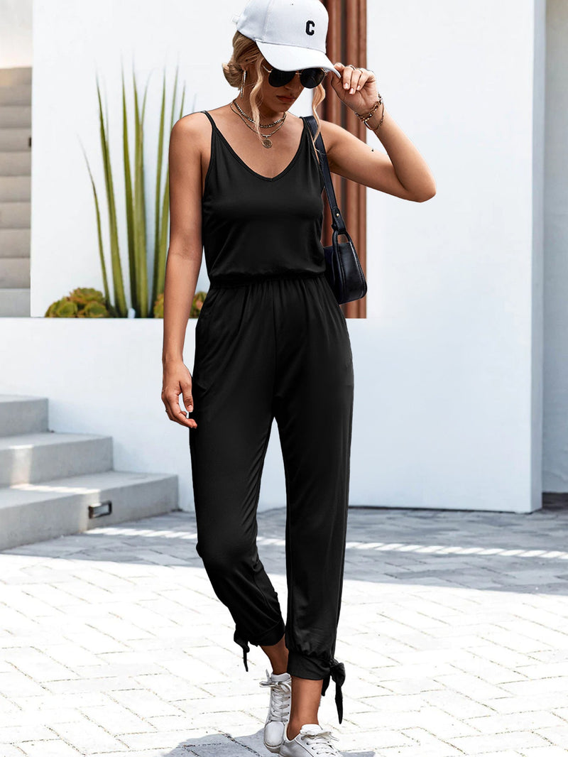 Spring Summer Color Hem Slit V Neck Lace Up Jumpsuit Trousers