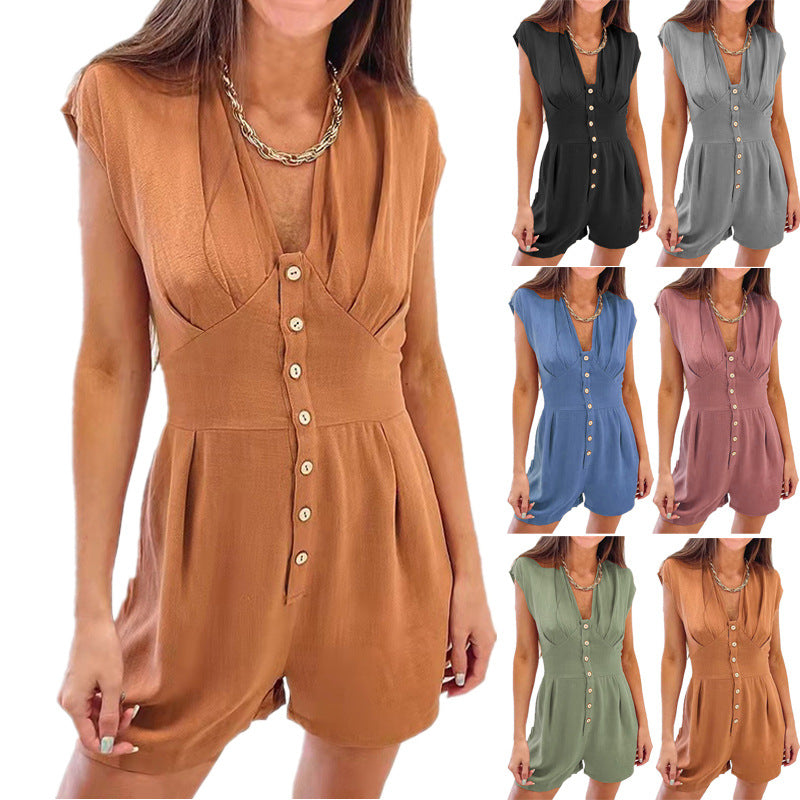Summer Button Stitching Short-sleeved Shorts Jumpsuit