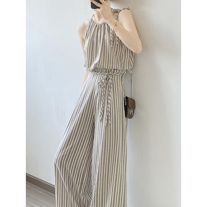 Retro Striped Suit Summer Suspender Top Wide Leg Pants Two Piece Set