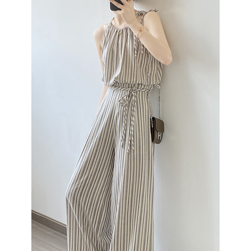 Retro Striped Suit Summer Suspender Top Wide Leg Pants Two Piece Set