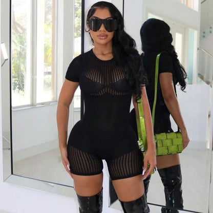 Summer Clothing Zipper Cutout Skinny Hip Raise Knitted Short Romper