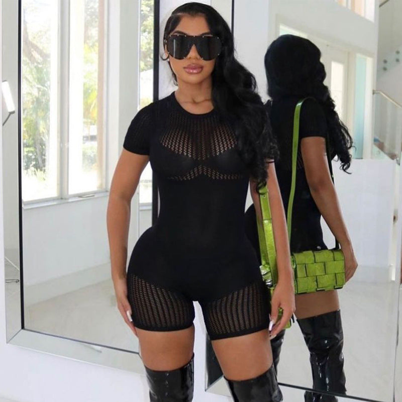 Summer Clothing Zipper Cutout Skinny Hip Raise Knitted Short Romper