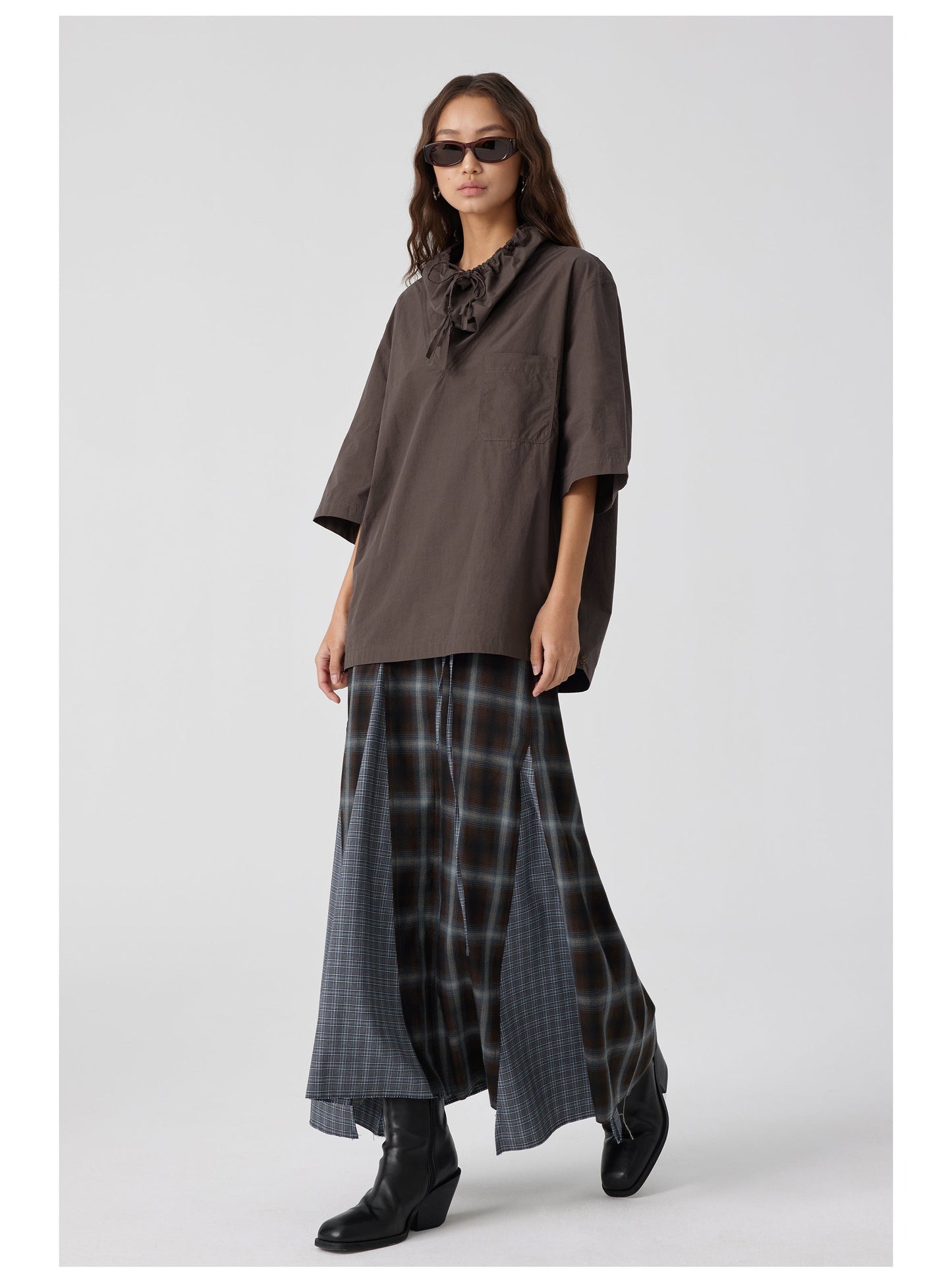 Plaid Asymmetric Panel Mermaid Long Skirt