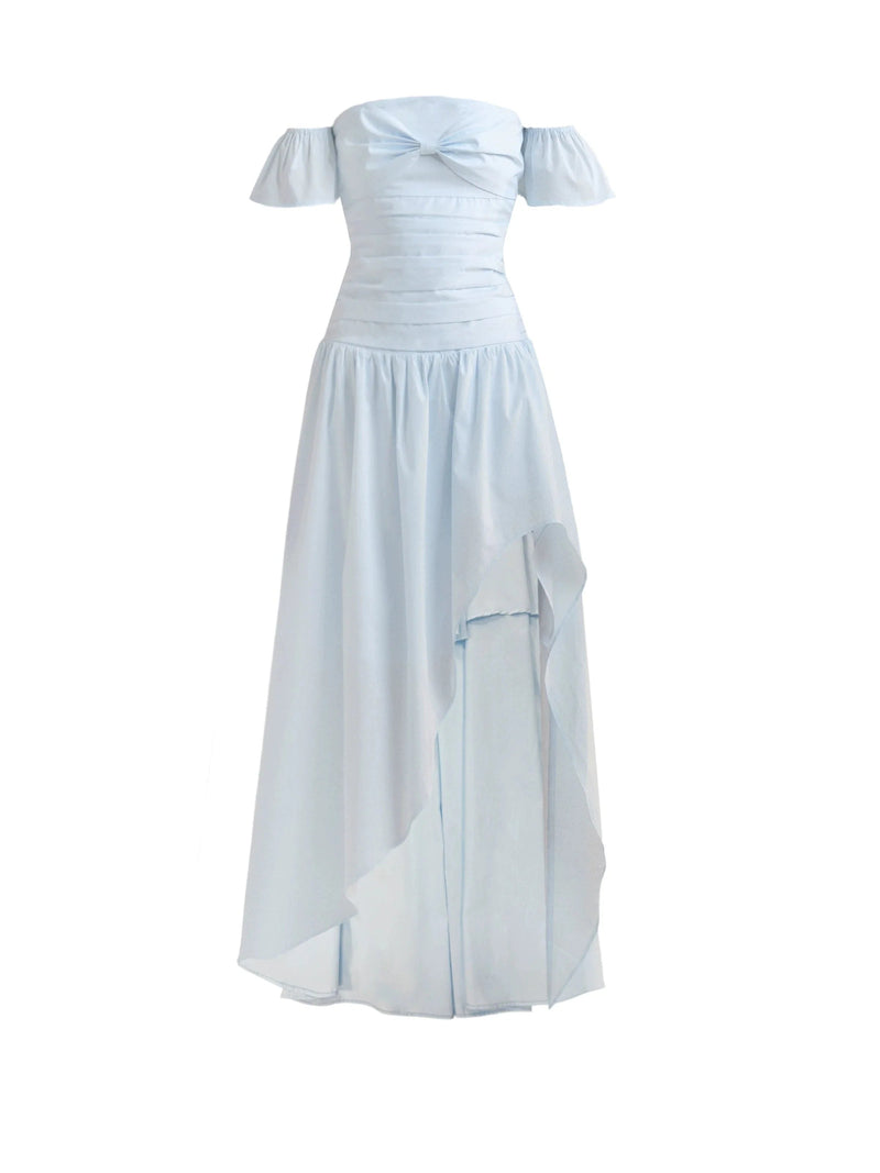 Pale Blue Off-shoulder Ruched Maxi Dress With Asymmetrical Hem