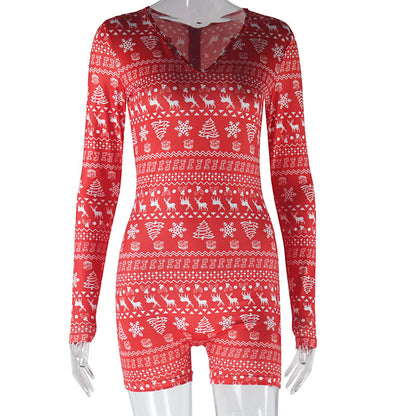 Autumn Winter Home Christmas Grid Printing Long Sleeve Shorts V Neck Jumpsuit