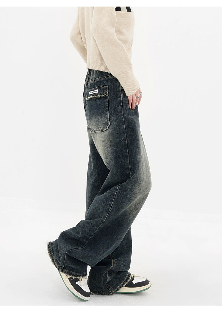 High Street Deep Blue Wide-leg Denim Pants