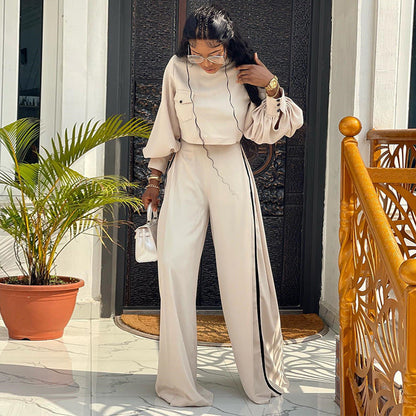 Clothing Spring Loose Mock Neck Long Sleeve Top Wide Leg Pants Suit