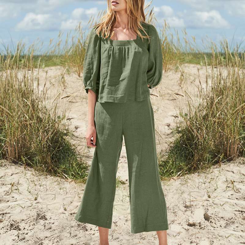 Clothing Color Pants Suit Cotton Linen Long Sleeve Loose Cotton Suit